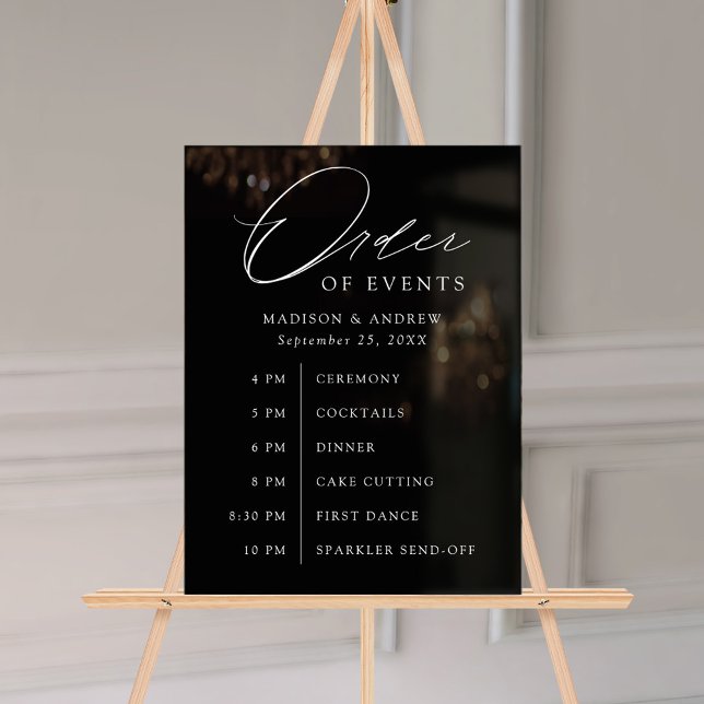 Elegant Script Black Wedding Order of Events Acrylic Sign (Creator Uploaded)