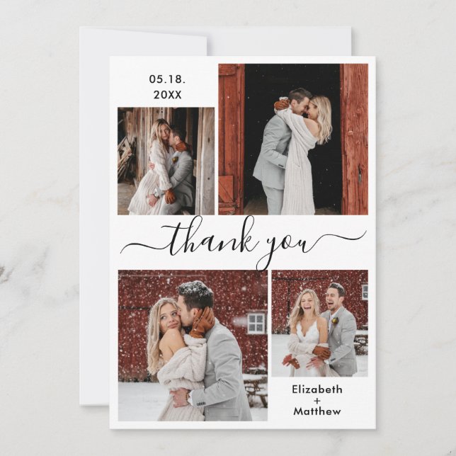 Elegant Script Black White 4 Photo Collage Wedding Thank You Card (Front)