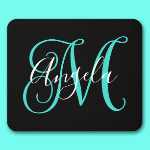 Elegant Script Black White and Turquoise Monogram Mouse Mat