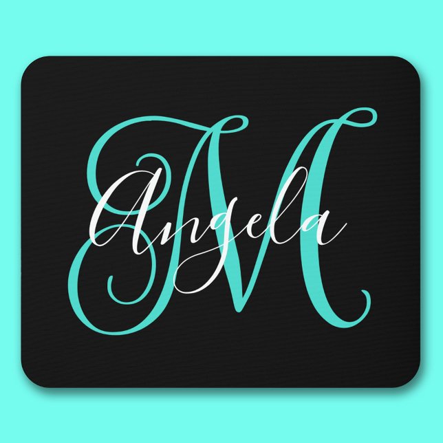 Elegant Script Black White and Turquoise Monogram Mouse Mat (Elegant Script Black White and Turquoise Monogram Mouse Pad)