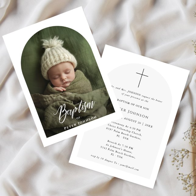 Elegant Script Black & White Arch Photo Baptism  Invitation (Creator Uploaded)