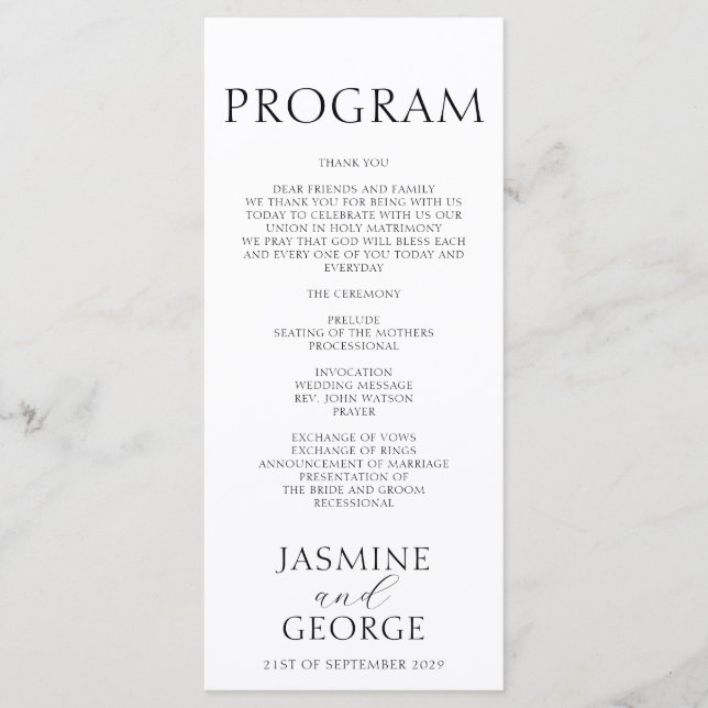 Elegant Script Black & White Chic Wedding Programme (Front)