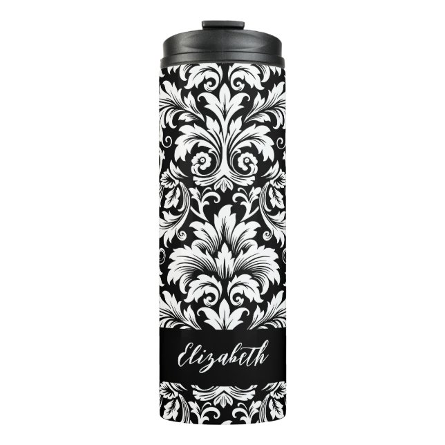 Elegant Script Black White Damask Pattern Thermal Tumbler (Front)