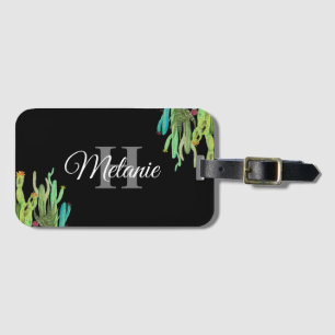 Elegant Script Black White Girly Floral Monogram L Luggage Tag