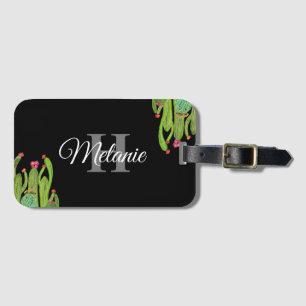 Elegant Script Black White Girly Floral Monogram Luggage Tag