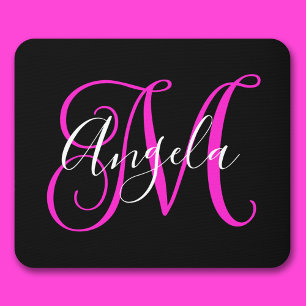 Elegant Script Black White Hot Magenta Monogram Mouse Mat