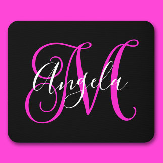 Elegant Script Black White Hot Magenta Monogram Mouse Mat
