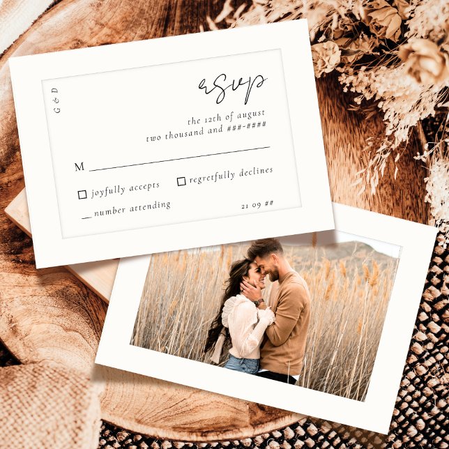 Elegant Script Black White Ivory Photo Wedding RSVP Card (Creator Uploaded)