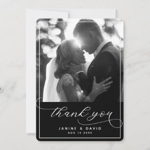Elegant Script Black White Modern Wedding Photo Thank You Card