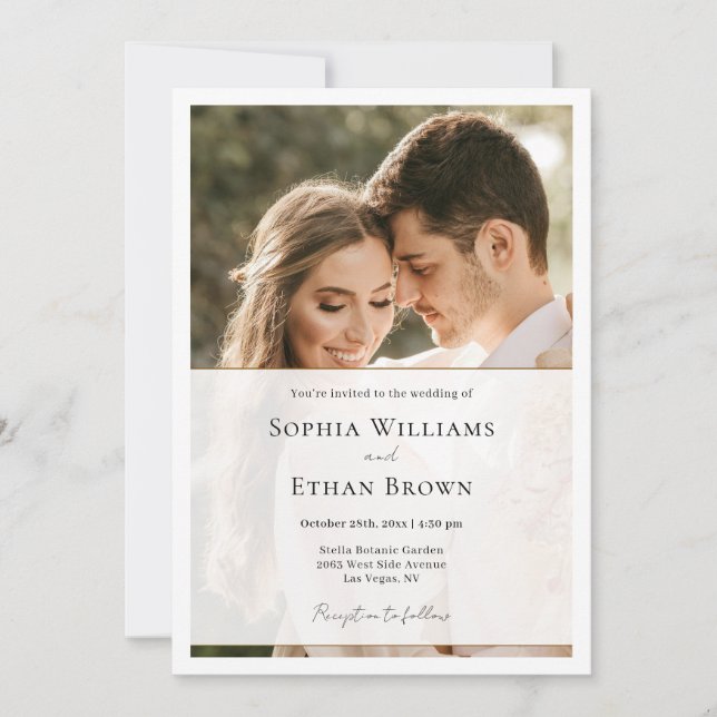 Elegant Script Black & White Overlay Photo Wedding Invitation (Front)