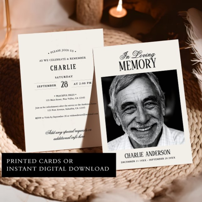 Elegant Script Black & White Photo Funeral Invitation (Creator Uploaded)
