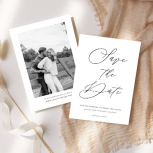 Elegant Script Black White Photo on Back Wedding Save The Date