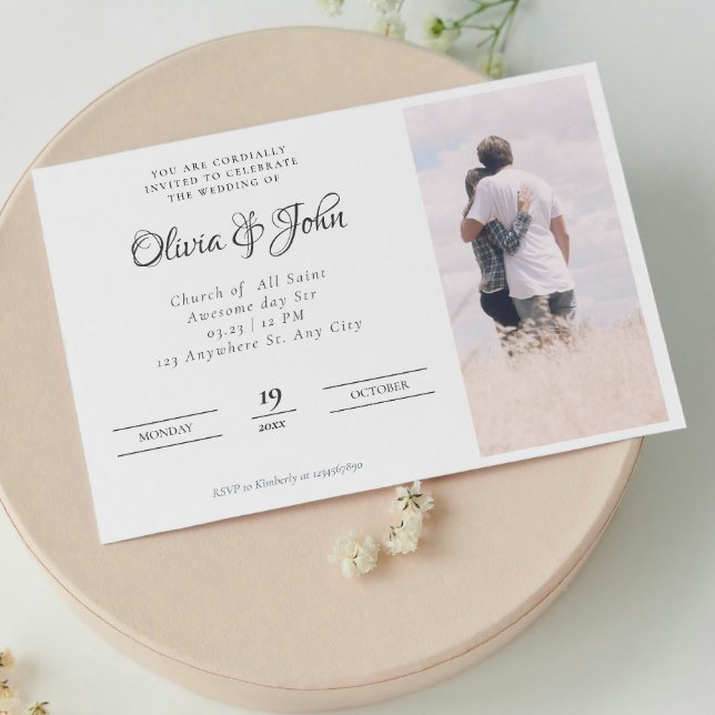 Elegant Script Black White Photo Wedding Invitation (Elegant Script Black White Photo Wedding Invitation)