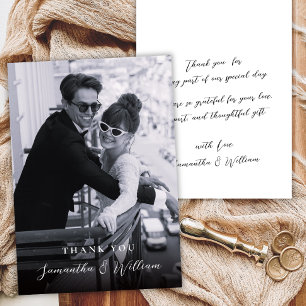 Elegant Script Black White Photo Wedding Thank You Card