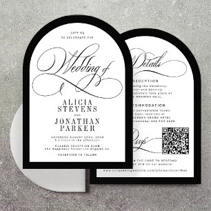 Elegant script black white QR code arch wedding Invitation