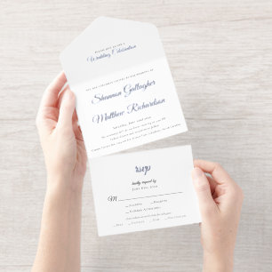 Elegant Script Black White Silver Foil Wedding All In One Invitation