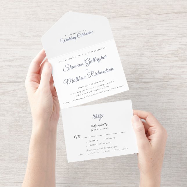 Elegant Script Black White Silver Foil Wedding All In One Invitation (Tearaway)