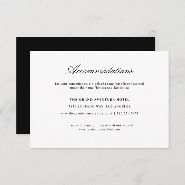 Elegant Script Black White Wedding Accommodations Enclosure Card (Front/Back)