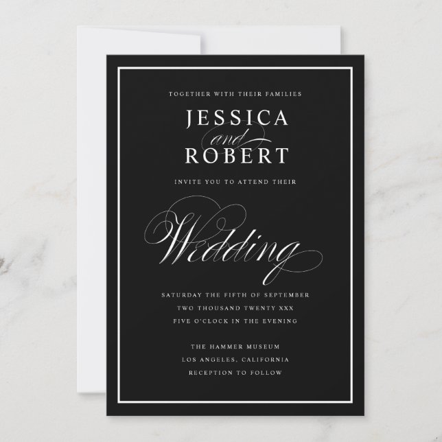 Elegant Script Black & White Wedding Black Invitation (Front)