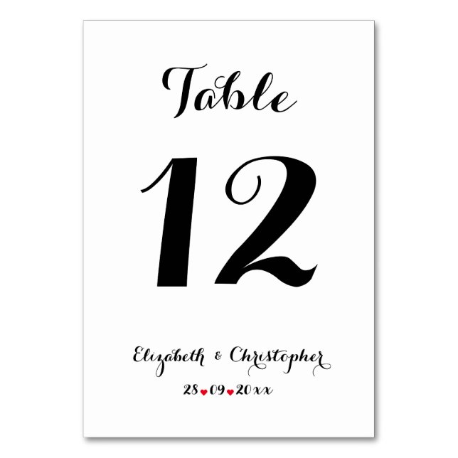 Elegant Script Black White Wedding Bridal Shower Table Number (Front)
