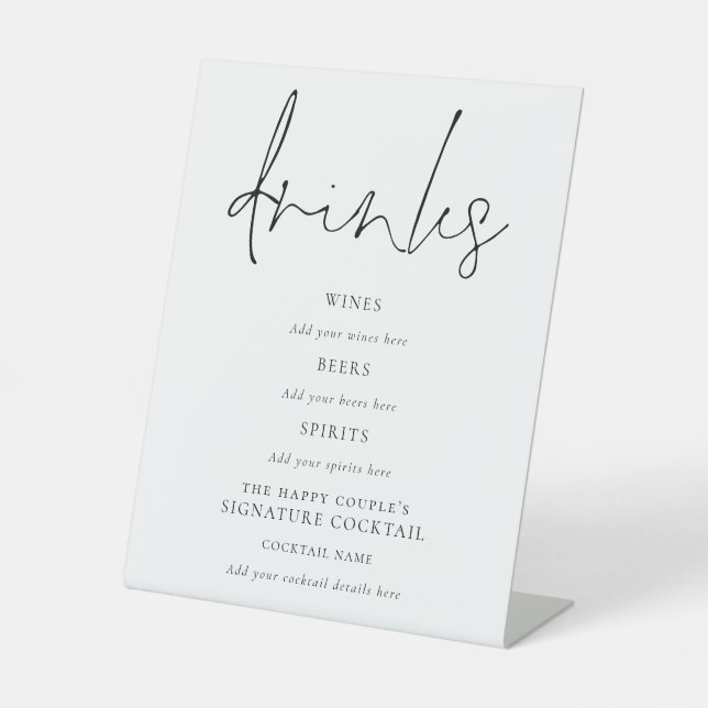 Elegant Script Black White Wedding Drinks Bar Sign (Front)