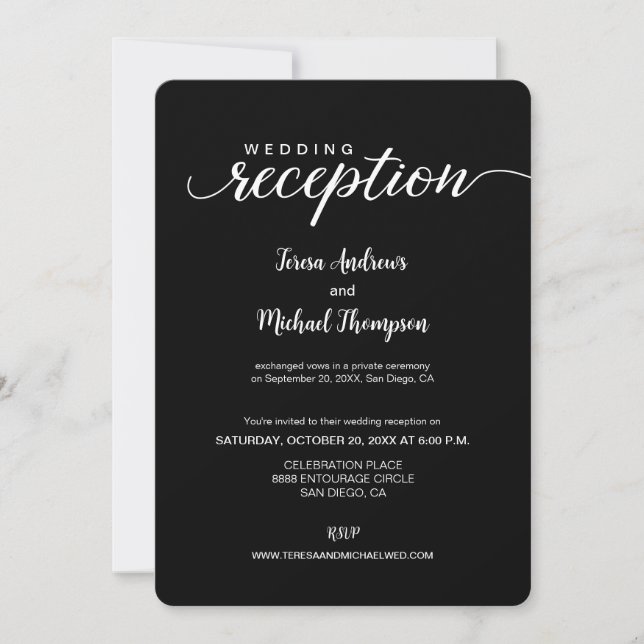 Elegant script Black White Wedding Reception only Invitation (Front)
