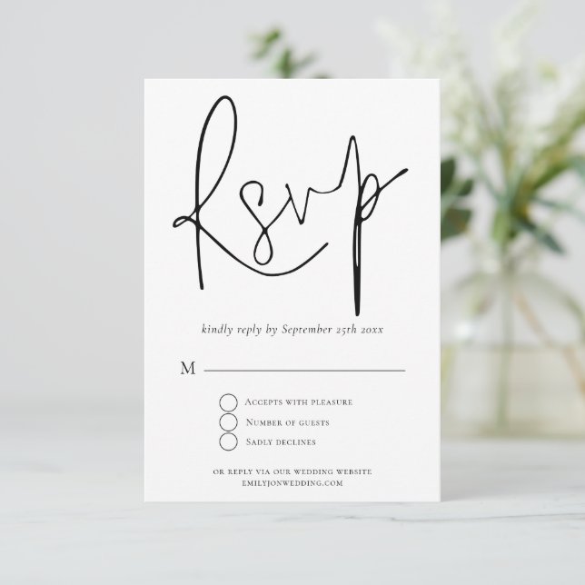Elegant Script Black White Wedding RSVP Card (Standing Front)