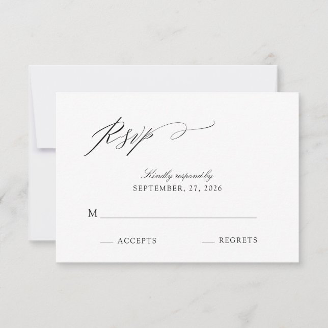 Elegant Script Black & White Wedding RSVP Card (Front)