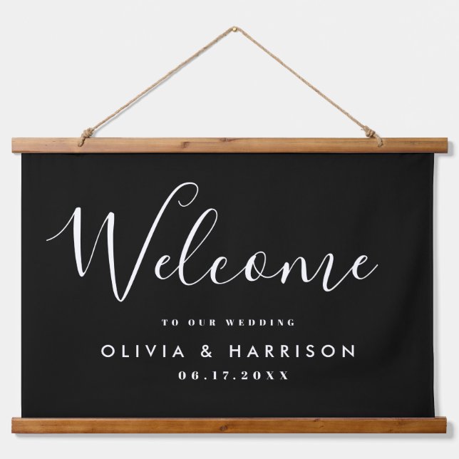 Elegant Script Black White Wedding Welcome Hanging Tapestry (Front)