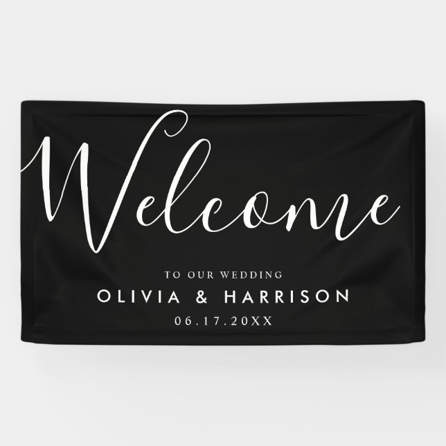 Elegant Script Black White Wedding Welcome Sign (Horizontal)