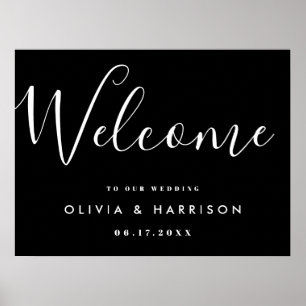 Elegant Script Black White Wedding Welcome Sign
