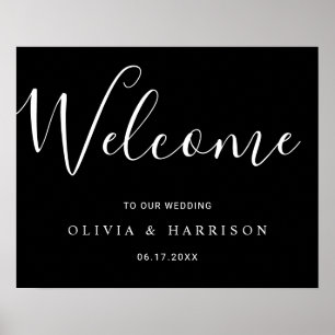 Elegant Script Black White Wedding Welcome Sign