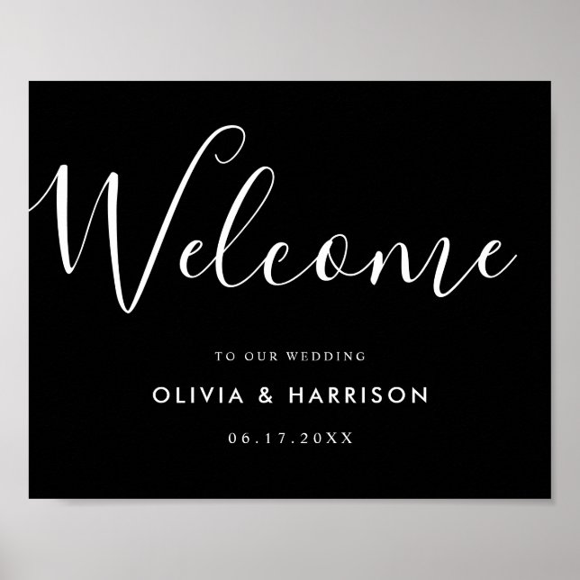Elegant Script Black White Wedding Welcome Sign (Front)