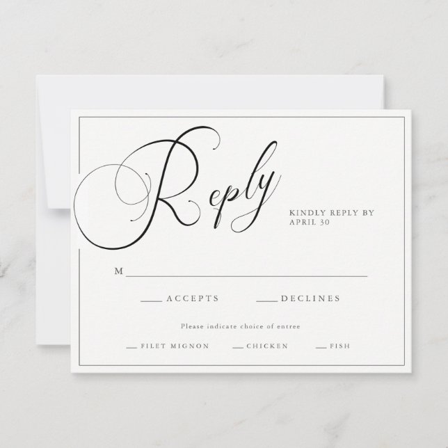 Elegant Script Black & White with Entrees Wedding  RSVP Card (Front)