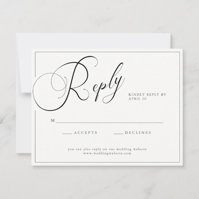 Elegant Script Black & White with Website Wedding RSVP Card (Front)