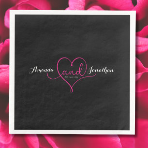 Elegant Script Black with Pink Heart Wedding Napkin