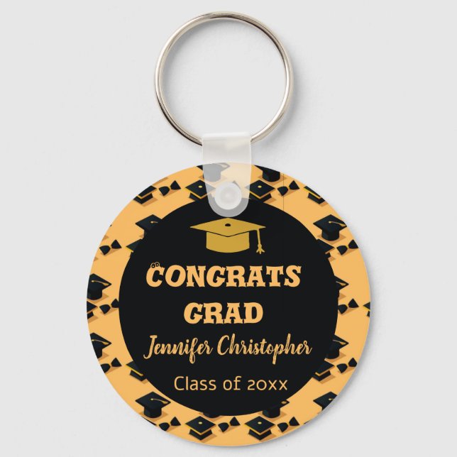 Elegant Script Black & Yellow graduation Favours  Key Ring (Front)