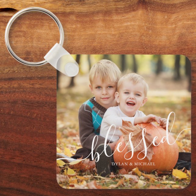 Elegant Script "Blessed" Custom Photo Key Ring (Front)