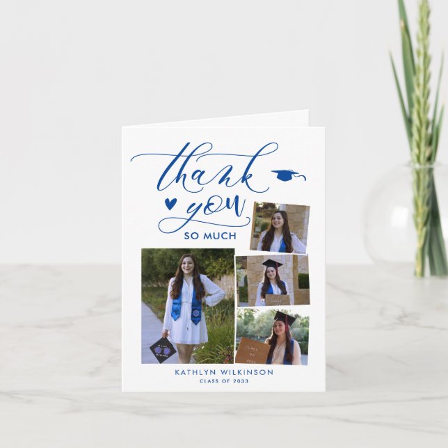 Elegant Script Blue 4 Photo College Graduation Thank You Card (Front)