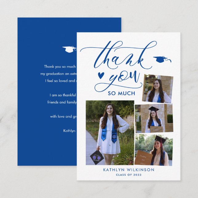 Elegant Script Blue 4 Photo College Graduation Thank You Card (Front/Back)