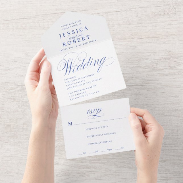 Elegant Script Blue and White Calligraphy Wedding All In One Invitation (Tearaway)