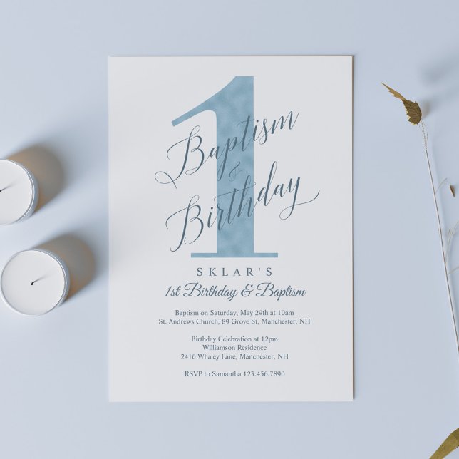 Elegant Script Blue Baby's 1st Birthday & Baptism Invitation (Creator Uploaded)