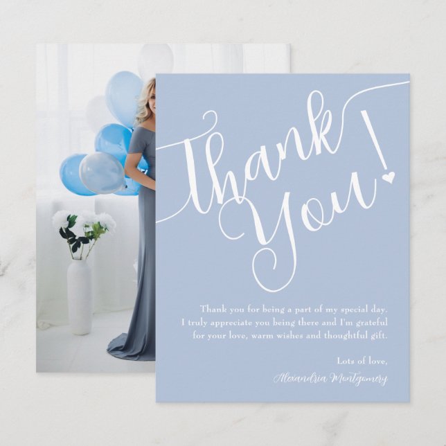 Elegant Script Blue Boy Baby Shower Photo Thank You Card (Front/Back)