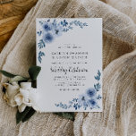 Elegant script blue flowers wedding invitation<br><div class="desc">An elegant design with watercolor blue flowers.
You can personalise the wording,  text size,  colours and font on this wedding invite.</div>