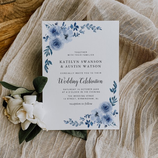 Elegant script blue flowers wedding invitation (Creator Uploaded)
