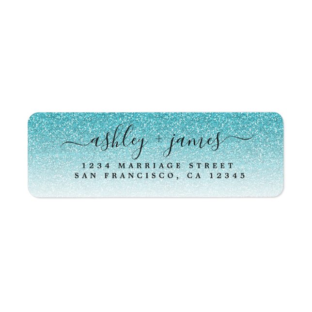 Elegant Script Blue Glitter Wedding Return Address (Front)