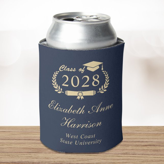 Elegant Script Blue Gold Graduation Can Cooler (Creator Uploaded)