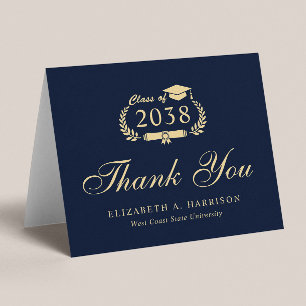 Elegant Script Blue Gold Graduation Thank You Card