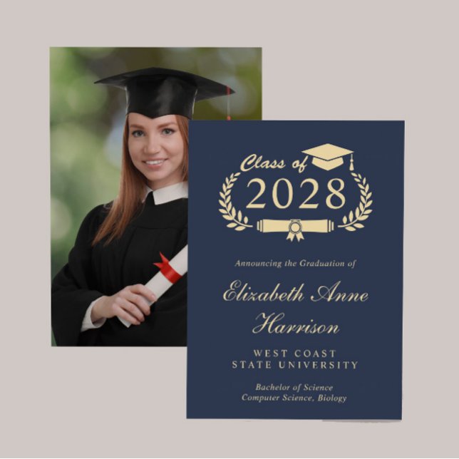 Elegant Script Blue Gold Photo College Graduation Announcement (Share the pride and excitement of your graduate's achievement with friends and family near and far)