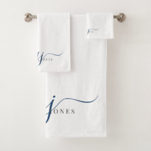 Elegant Script Blue Monogram Initials Name  Bath Towel Set